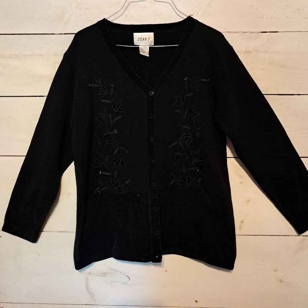 Vintage Jenny Women's Size Large Black Floral Embroidered Button Front Cardigan - Picture 2 of 8